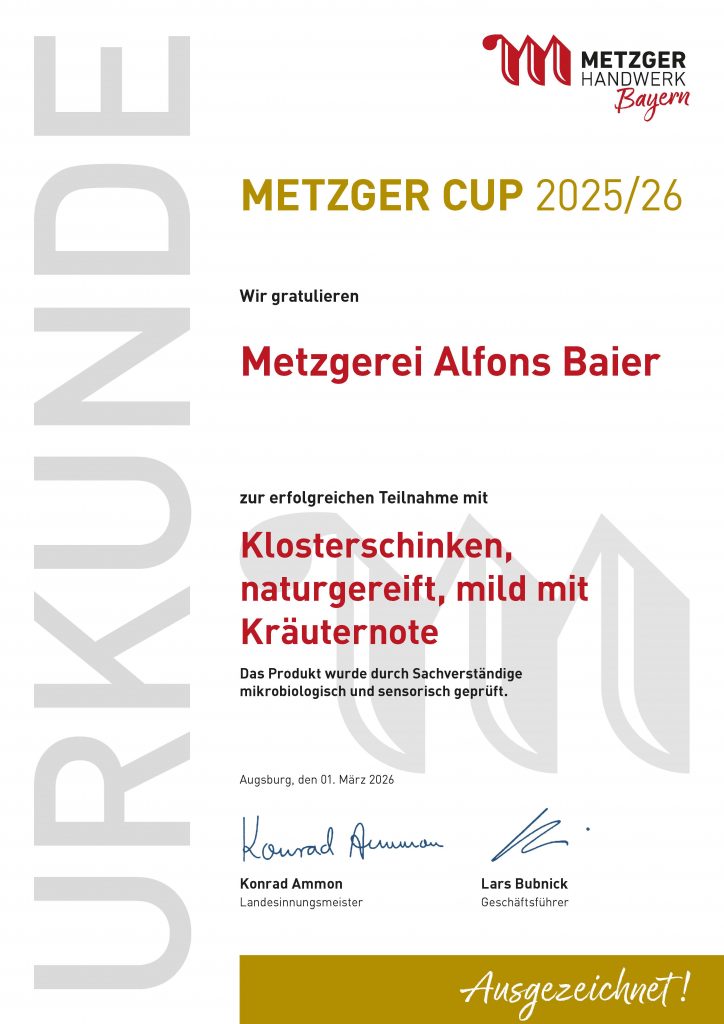 Metzgercup 2026 Urkunde Klosterschinken